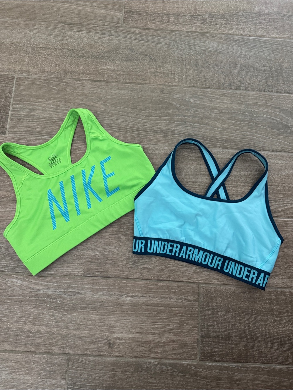 Set of 2!! Nike Neon Green and Under Armour Blue sports bras!🩷